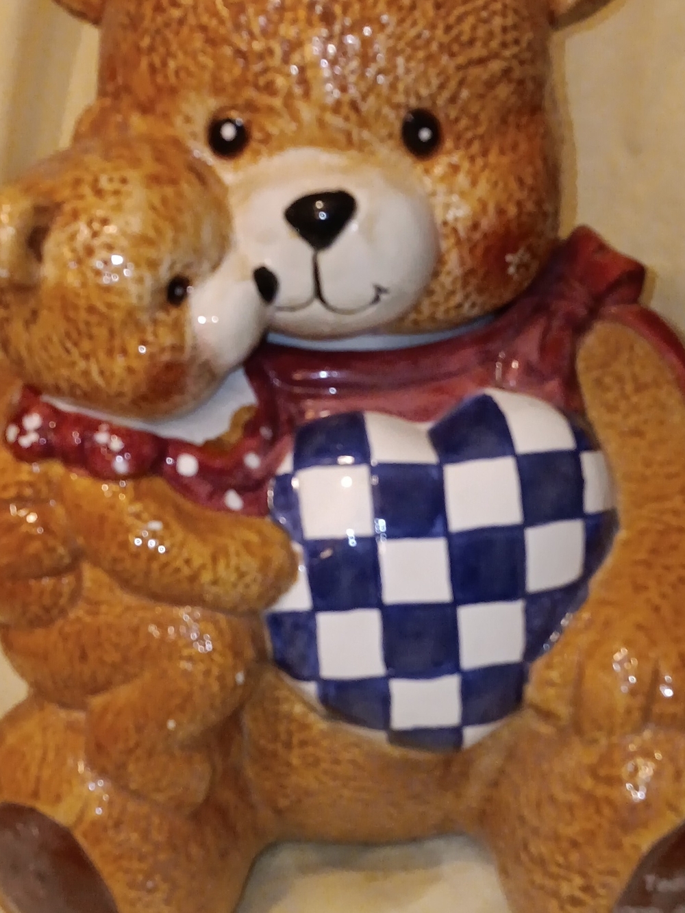 Blue & White Check Heart Bear Cookie Jar - Home Kitchen Food Storage
